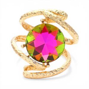 Iridescent Multicolor Rhinestone Statement Bracelet Gold-Tone Hinged Cuff